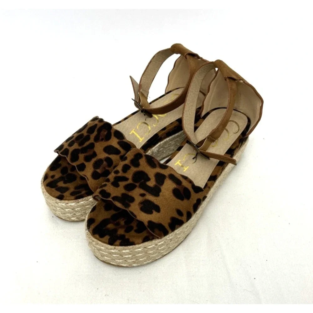 CCOCCI Platform Espadrille Wedge Sandals Sz 7.5 Ankle Strap Leopard Print